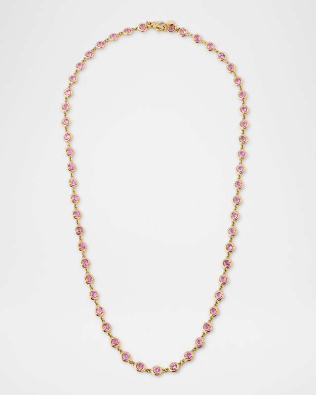 18K Yellow Gold Necklace with White Diamonds and Pink Sapphires, 24"L